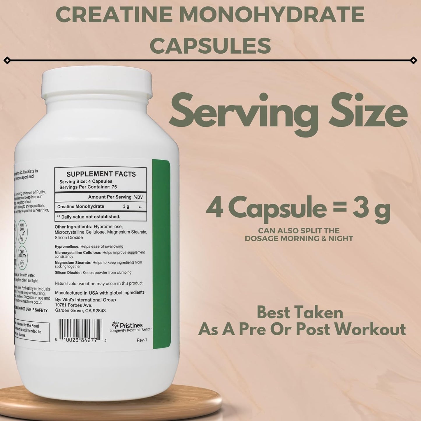 Pristine Creatine Monohydrate Capsules - 75 Day Supply for Muscle Growth & Performance Support - No Bloat Formula