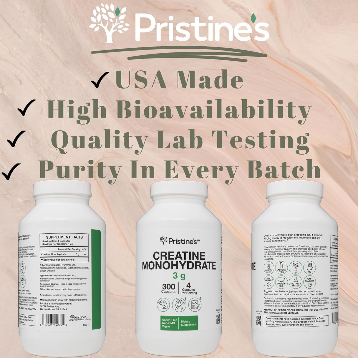 Pristine Creatine Monohydrate Capsules - 75 Day Supply for Muscle Growth & Performance Support - No Bloat Formula