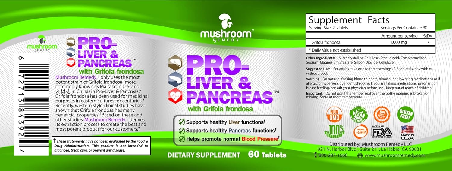 PRO-Liver & Pancreas Mushroom Supplement | Herbal Detox Support with Grifola frondosa Extract | Vegan, NON-GMO, USA Made (60 Tablets)