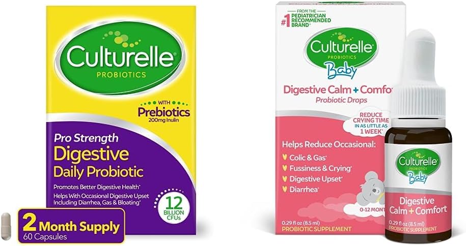 Pro Strength Daily Probiotic Capsules for Men & Women, 60 Count - Baby Digestive Comfort Probiotic for Colic, Gas, Fussiness - 2 Month Supply, 8.5 ml