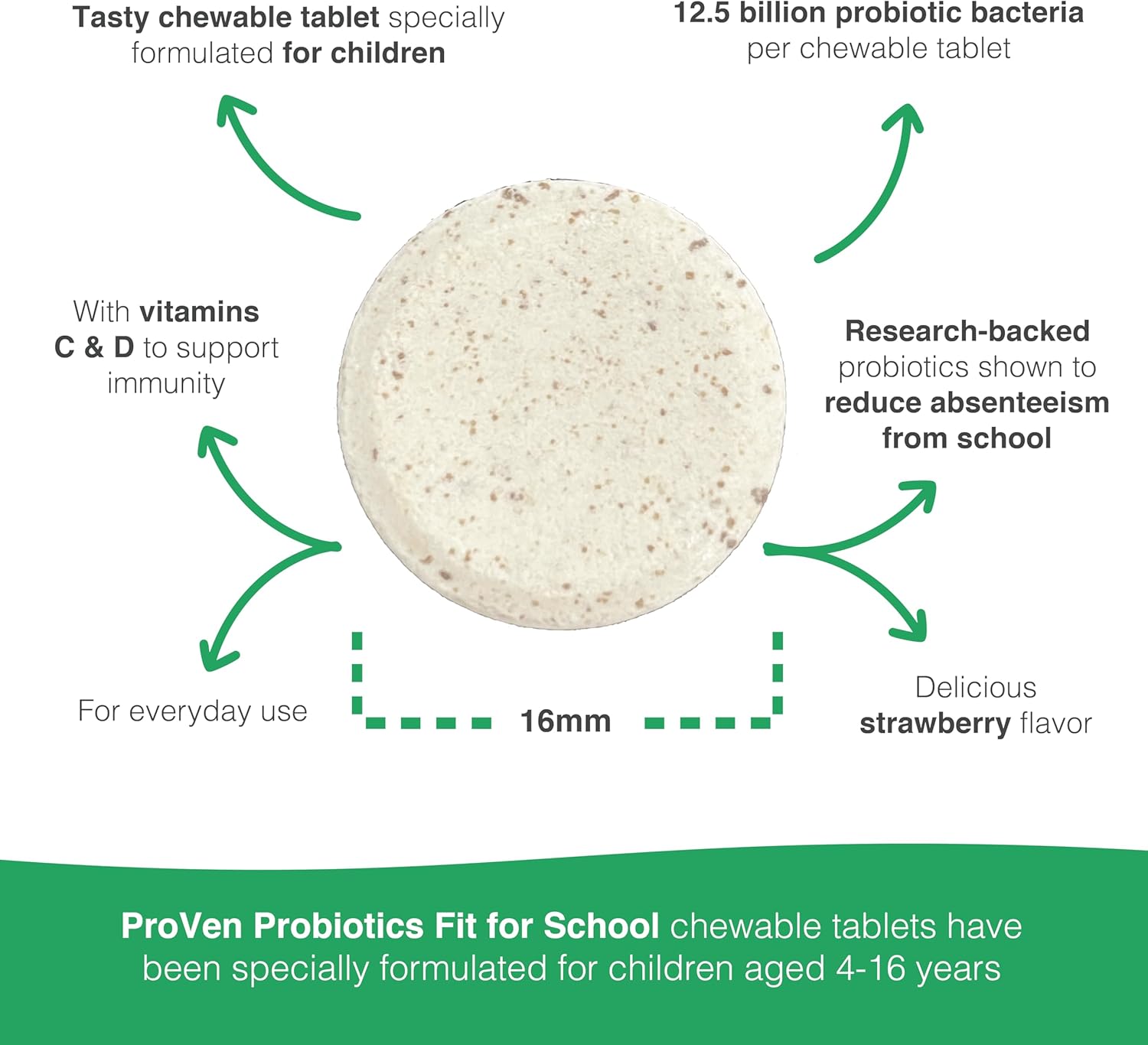 Pro-Ven Probiotic Chewable Tablets for Kids 4-16 | 30 Strawberry Flavored Tablets | 12.5 Billion CFUs for Immune & Digestive Health