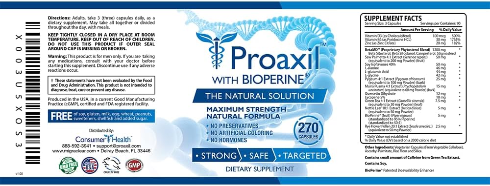 Proaxil Prostate Health Supplement - 270 Capsules - Zinc, Saw Palmetto, Bioperine, Beta Sitosterol - Vegan, All Natural, Made in USA - 3 Month Supply