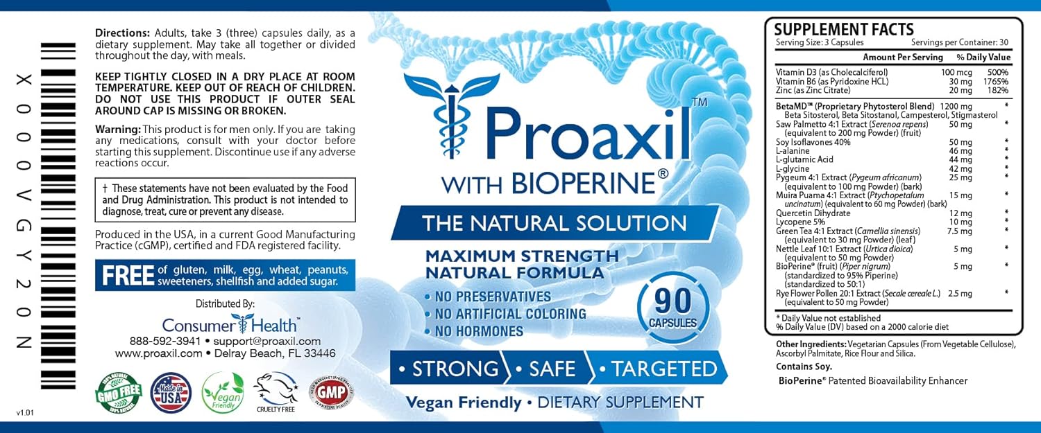 Proaxil Prostate Health Support Capsules - 90 Count - Zinc, Saw Palmetto, Bioperine®, Beta Sitosterol - All Natural, Vegan - Made in USA - 1 Month Supply