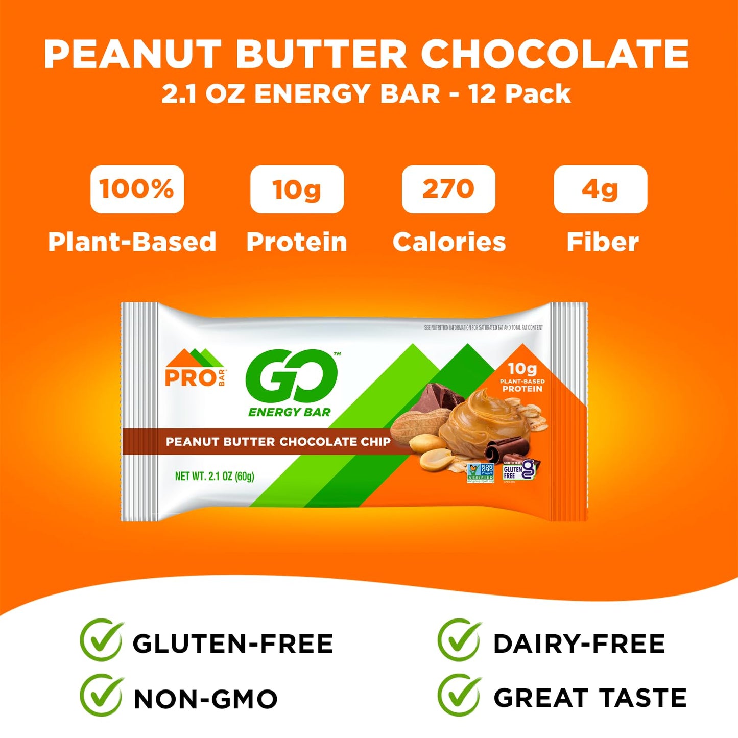 PROBAR GO Energy Bars - Peanut Butter Chocolate Chip Flavor - Gluten-Free & Non-GMO Snack Bars - 12 Count Pack