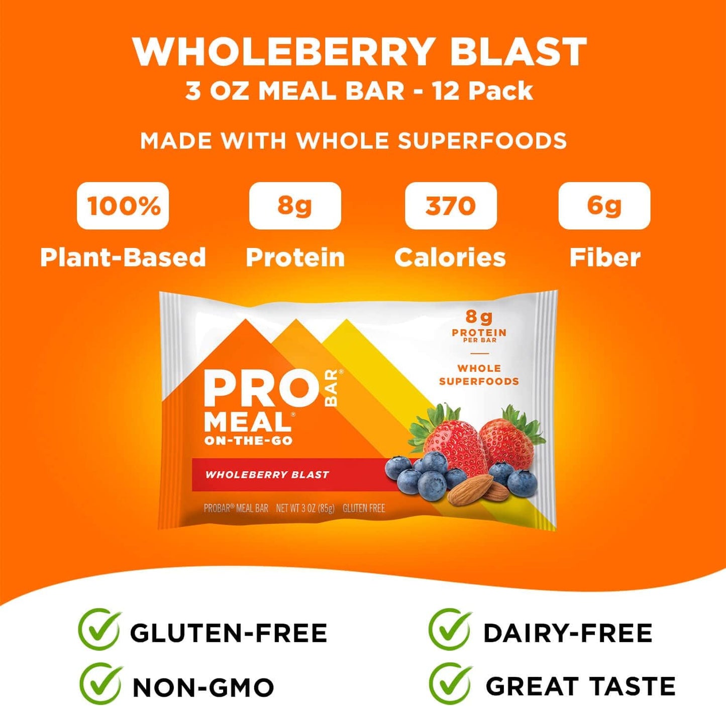 PROBAR Wholeberry Blast Meal Bar - 12 Count Box, Non-GMO, Gluten-Free, Plant-Based, Natural Energy, Healthy Whole-Food Ingredients