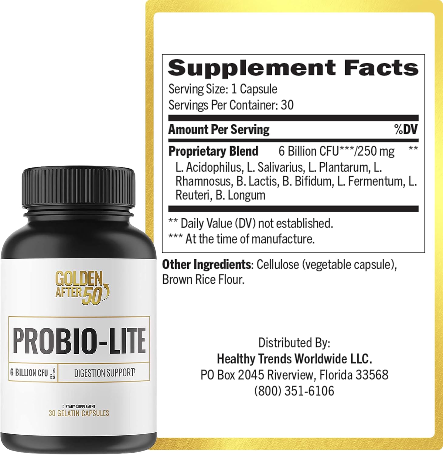 Probio-Lite by Golden After 50 - Gut Health and Digestion Support - 3 Bottles - Probiotics for Men and Women - Relieves Heartburn, Gas, and Indigestion