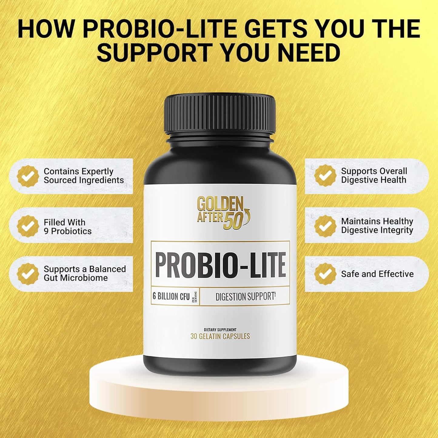 Probio-Lite by Golden After 50 - Gut Health and Digestion Support - 3 Bottles - Probiotics for Men and Women - Relieves Heartburn, Gas, and Indigestion