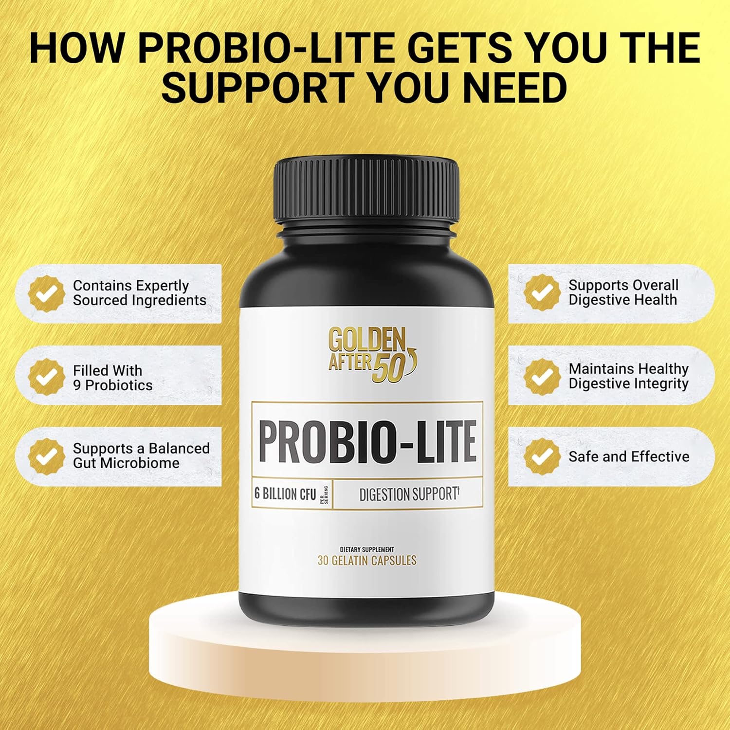 Probio-Lite by Golden After 50 - Gut Health and Digestion Support - 3 Bottles - Probiotics for Men and Women - Relieves Heartburn, Gas, and Indigestion