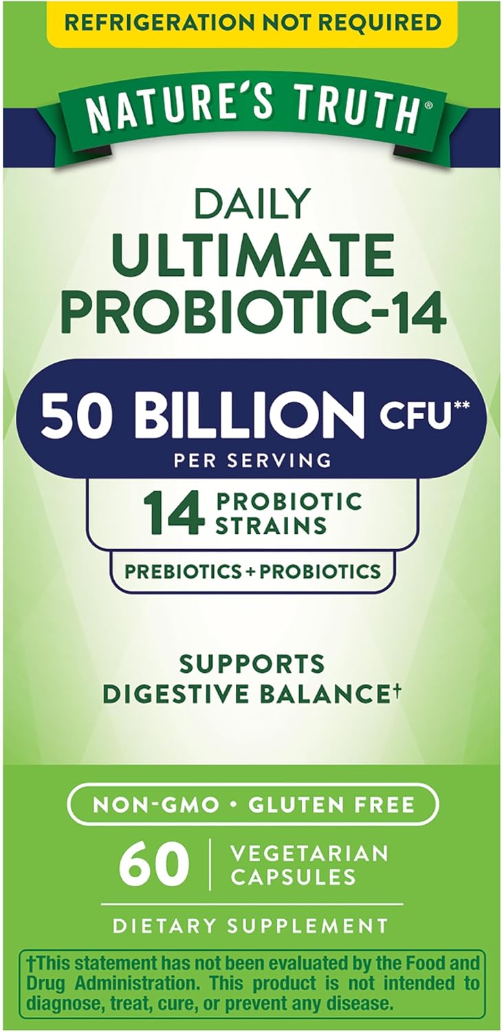 Probiotic 50 Billion CFU with 200mg Prebiotics - 60 Capsules, Vegetarian, Non GMO & Gluten Free - Digestive Health Support for Men and Women