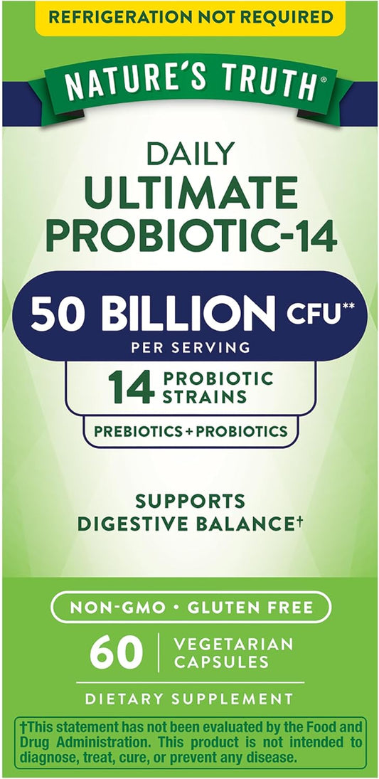 Probiotic 50 Billion CFU with 200mg Prebiotics - 60 Capsules, Vegetarian, Non GMO & Gluten Free - Digestive Health Support for Men and Women