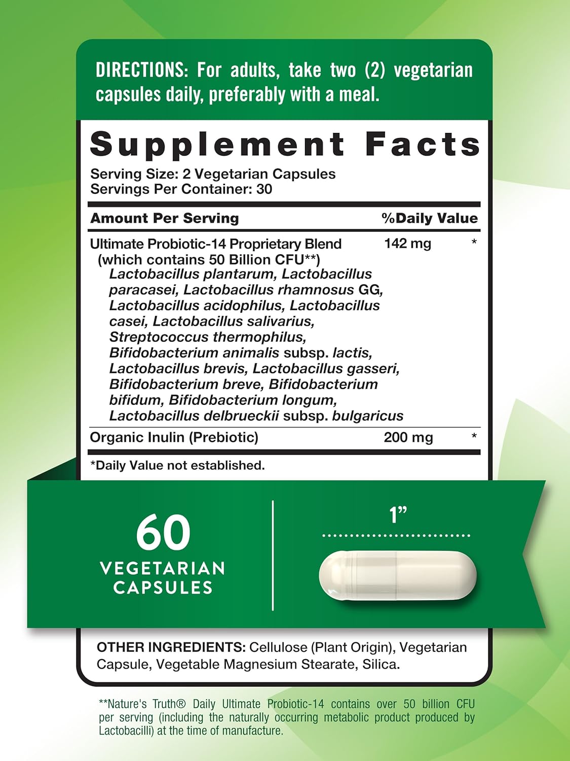 Probiotic 50 Billion CFU with 200mg Prebiotics - 60 Capsules, Vegetarian, Non GMO & Gluten Free - Digestive Health Support for Men and Women
