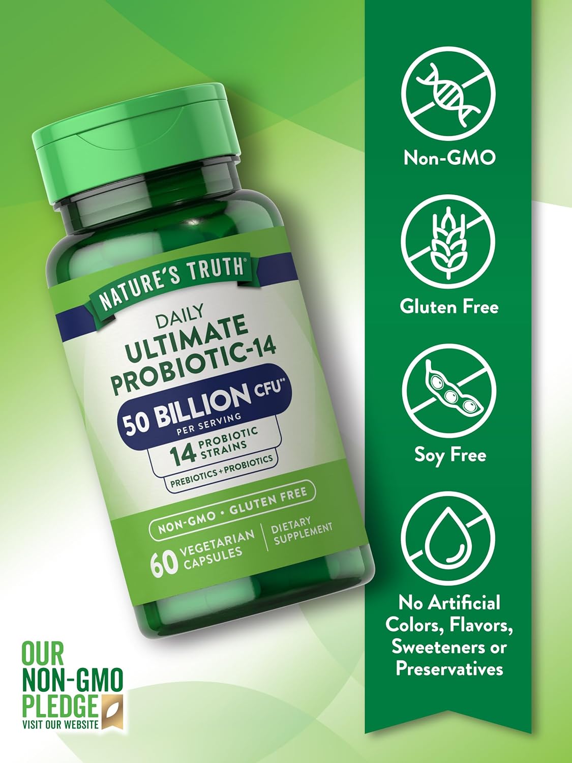 Probiotic 50 Billion CFU with 200mg Prebiotics - 60 Capsules, Vegetarian, Non GMO & Gluten Free - Digestive Health Support for Men and Women
