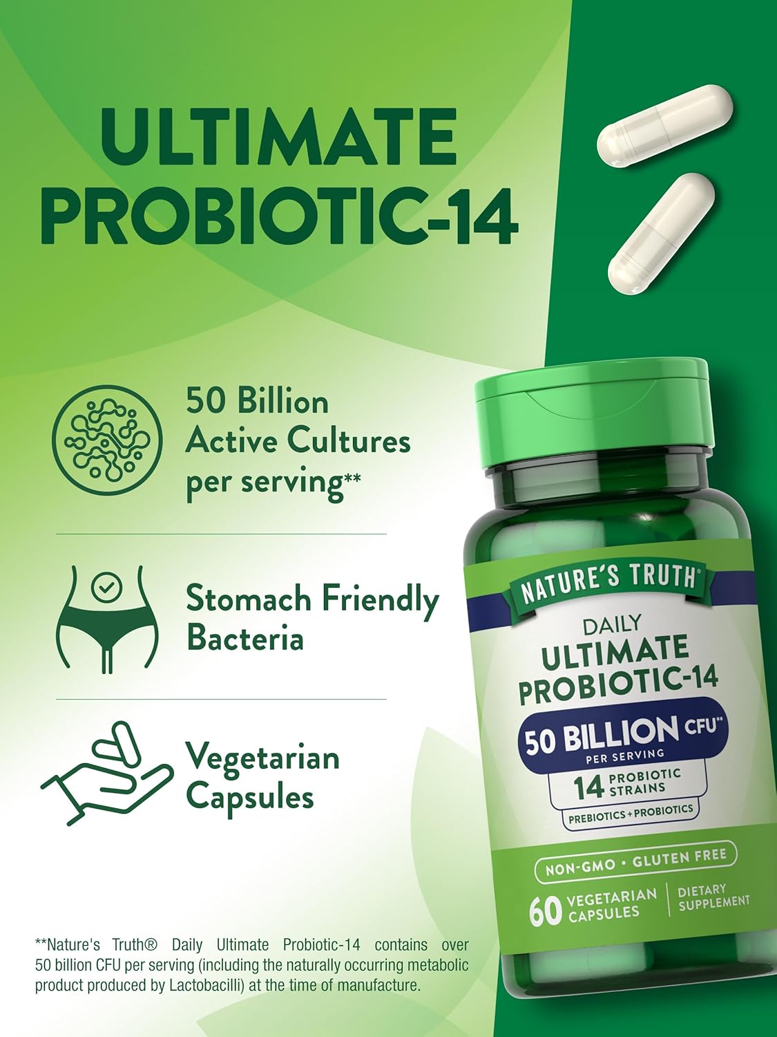 Probiotic 50 Billion CFU with 200mg Prebiotics - 60 Capsules, Vegetarian, Non GMO & Gluten Free - Digestive Health Support for Men and Women