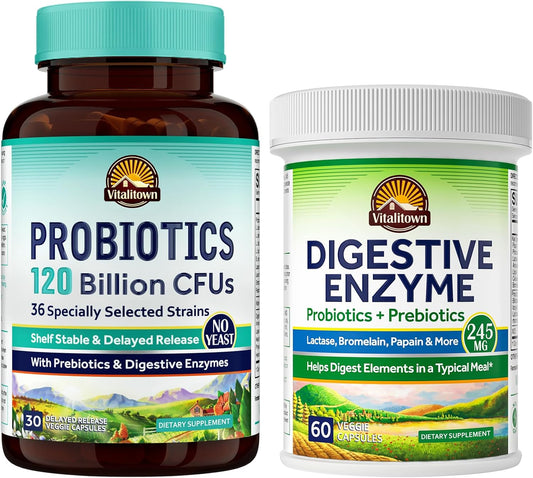 Probiotic and Digestive Enzyme Bundle for Gut Health - 120 Billion CFUs - 30 + 60 Capsules - Immune Support
