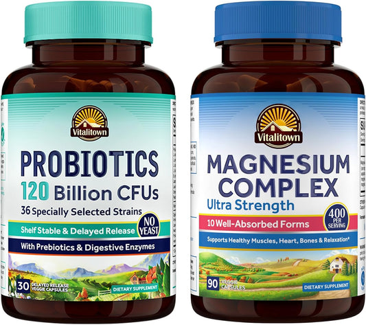 Probiotic and Magnesium Bundle | 120 Billion Probiotics + 6-in-1 Magnesium Complex | Gut, Bone, Muscle, Sleep Support | Vegan | Pack of 2