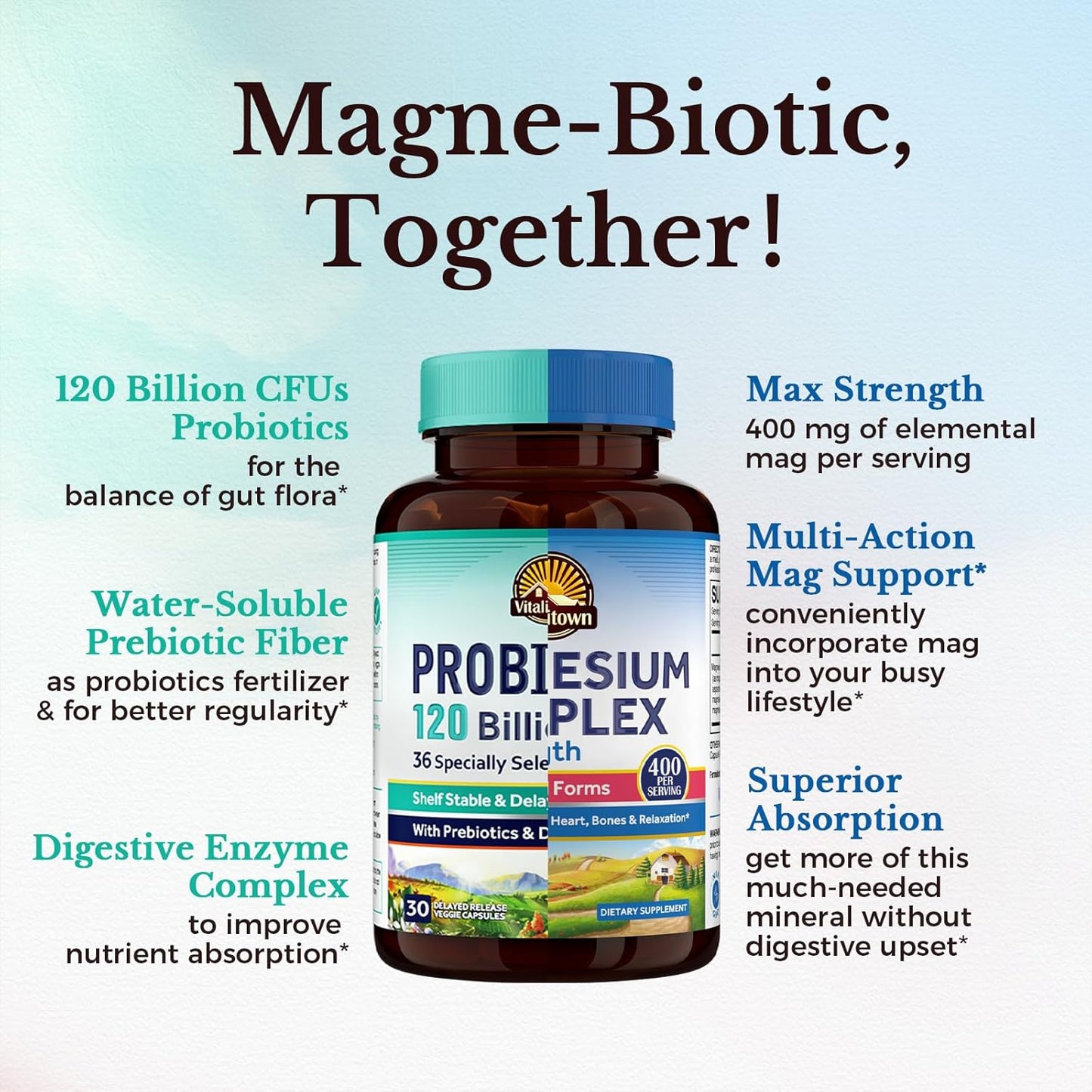 Probiotic and Magnesium Bundle | 120 Billion Probiotics + 6-in-1 Magnesium Complex | Gut, Bone, Muscle, Sleep Support | Vegan | Pack of 2