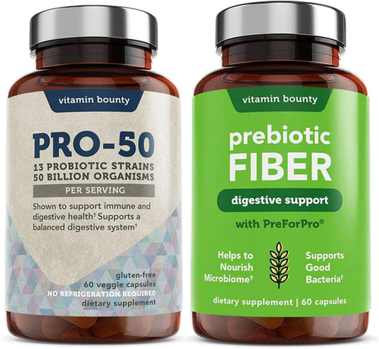 Probiotic and Prebiotic Fiber Bundle for Digestive & Gut Health - 90 Capsules, 13 Strains, 50 Billion CFUs, Men & Women's Support with Delayed Release