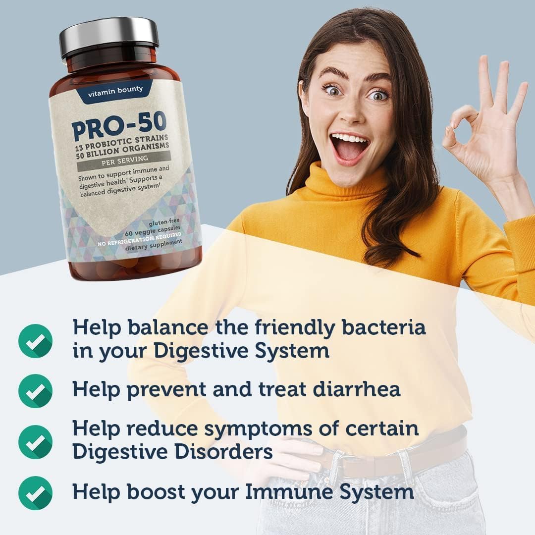 Probiotic and Prebiotic Fiber Bundle for Digestive & Gut Health - 90 Capsules, 13 Strains, 50 Billion CFUs, Men & Women's Support with Delayed Release