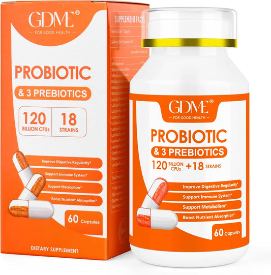 Probiotic Capsules 120 Billion CFU, 60 Capsules with 18 Strains & 3 Prebiotics for Digestive & Immune Health, Men & Women Dietary Supplement