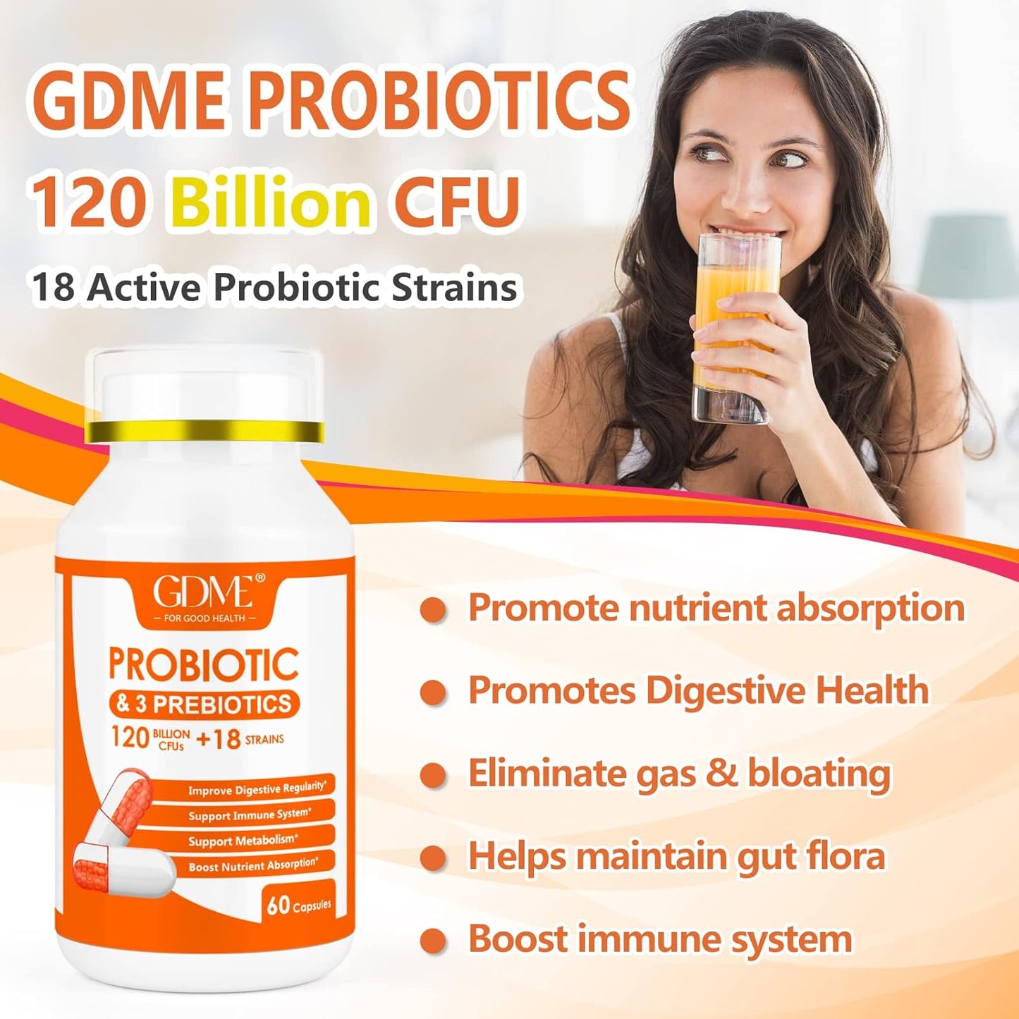 Probiotic Capsules 120 Billion CFU, 60 Capsules with 18 Strains & 3 Prebiotics for Digestive & Immune Health, Men & Women Dietary Supplement