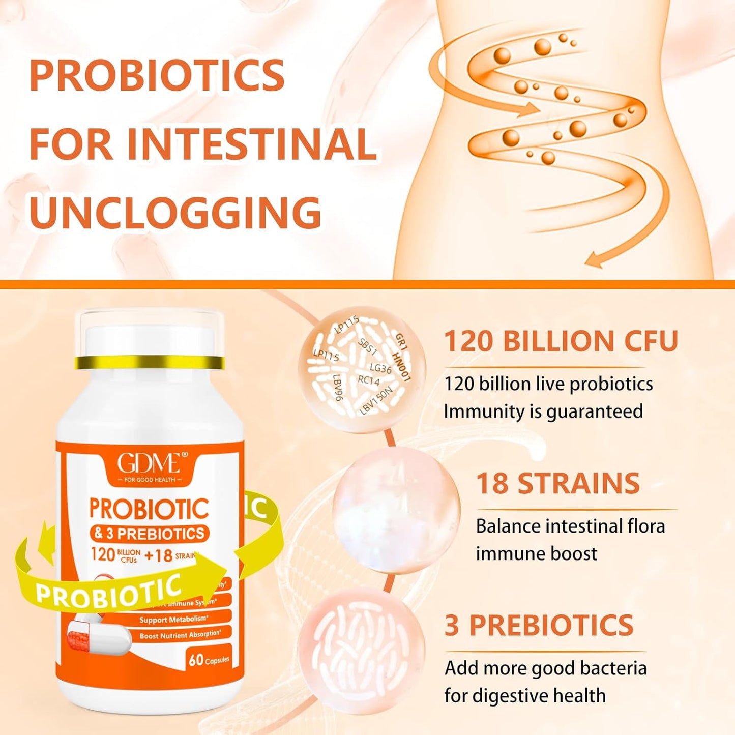 Probiotic Capsules 120 Billion CFU, 60 Capsules with 18 Strains & 3 Prebiotics for Digestive & Immune Health, Men & Women Dietary Supplement