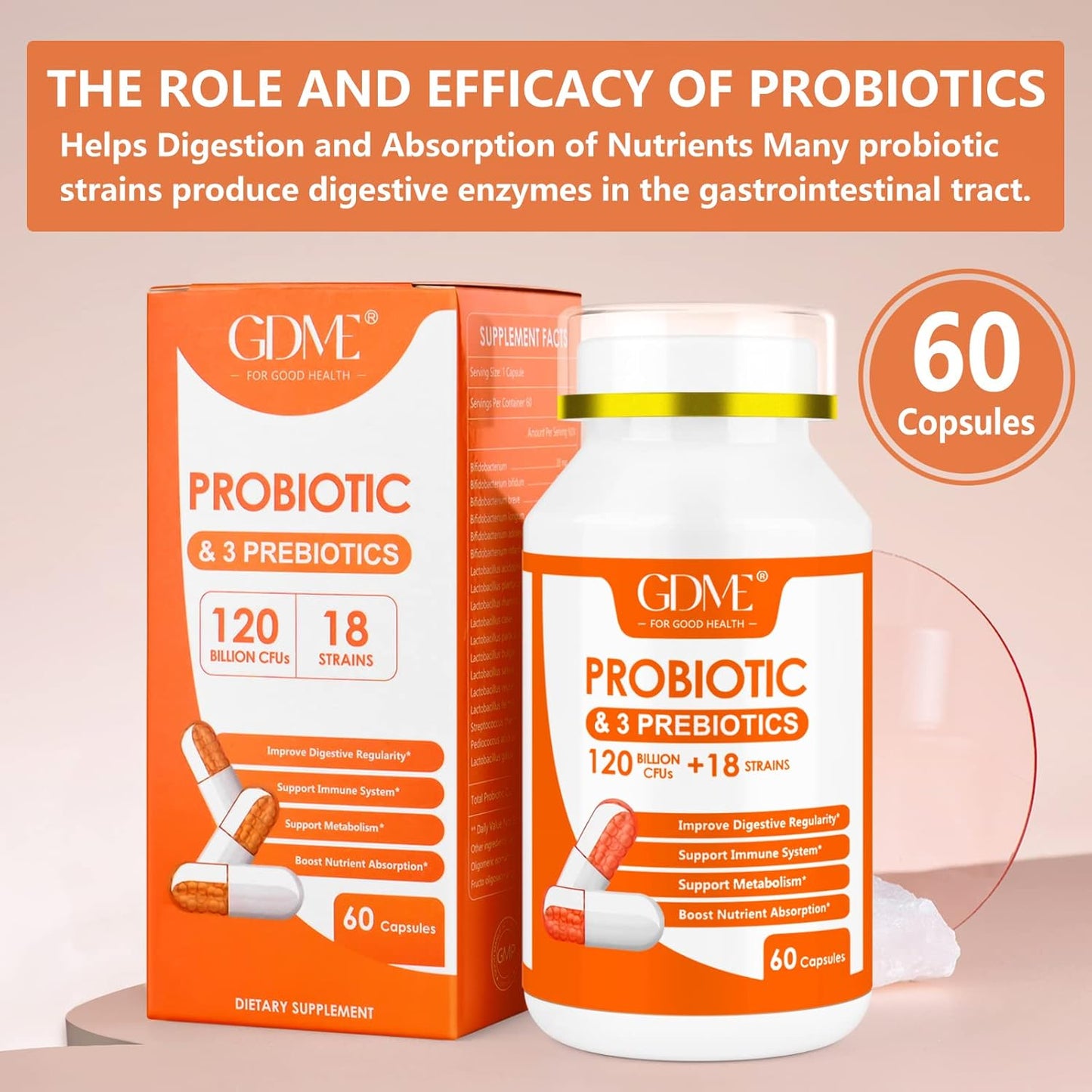 Probiotic Capsules 120 Billion CFU, 60 Capsules with 18 Strains & 3 Prebiotics for Digestive & Immune Health, Men & Women Dietary Supplement