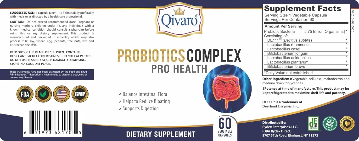Probiotic Complex for Digestive Balance and Immune Support - Natural Vegan Supplement - USA-Made - 60 Capsules