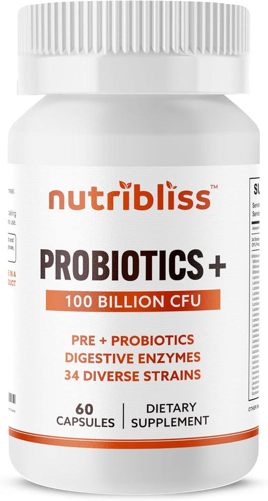Probiotic Digestive Enzymes with Prebiotics for Women and Men - 100 Billion CFU, 34 Strains - Supports Digestive Health - 60 Capsules
