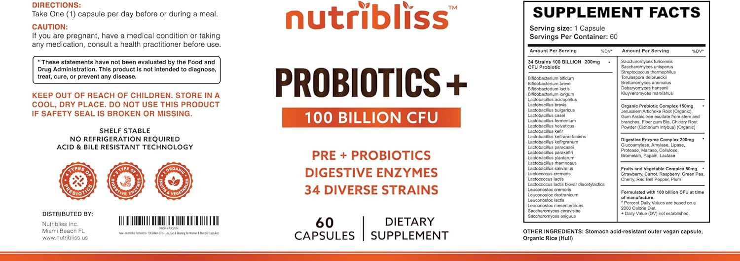 Probiotic Digestive Enzymes with Prebiotics for Women and Men - 100 Billion CFU, 34 Strains - Supports Digestive Health - 60 Capsules
