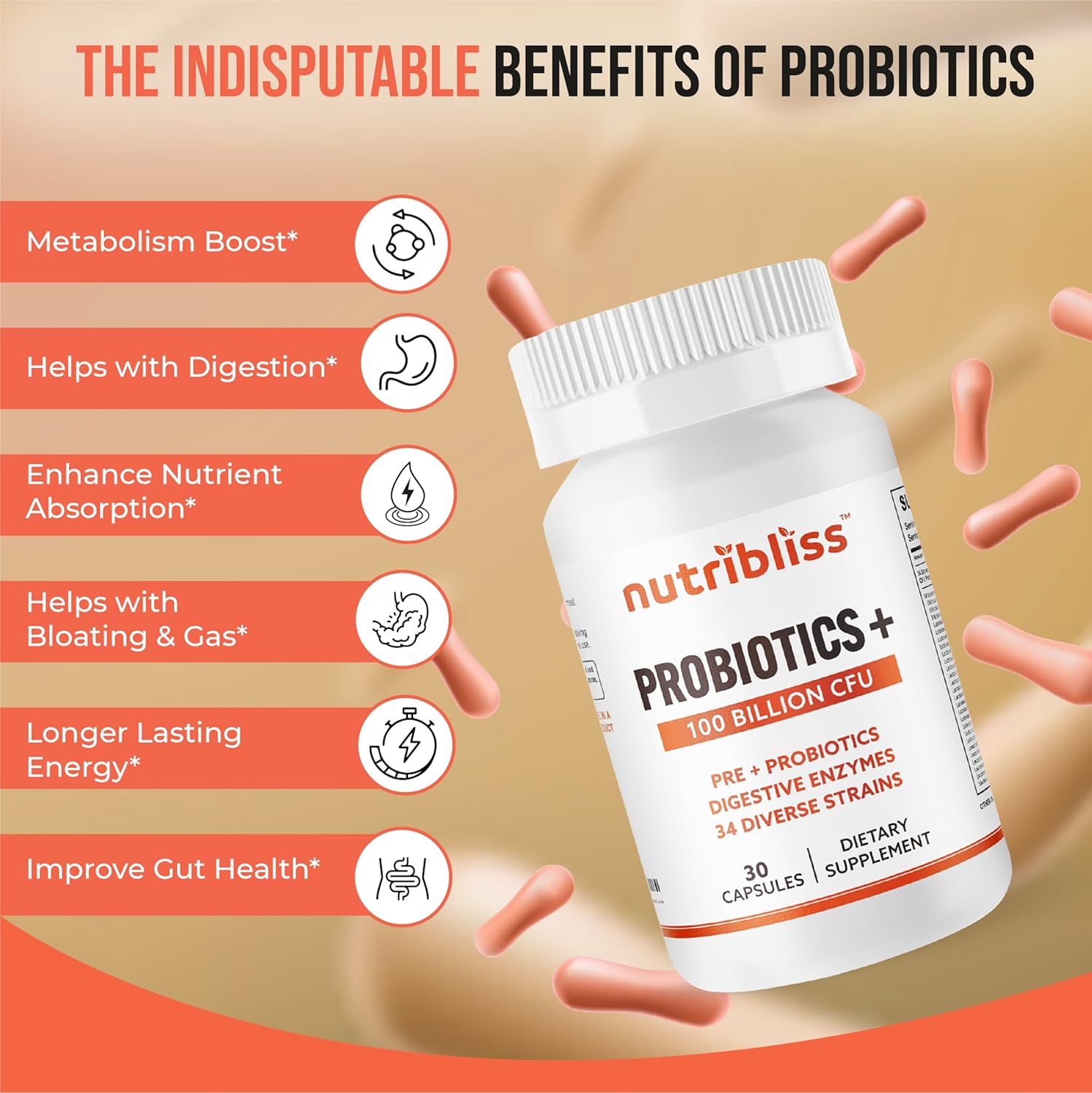 Probiotic Digestive Enzymes with Prebiotics for Women and Men - 100 Billion CFU, 34 Strains - Supports Digestive Health - 60 Capsules