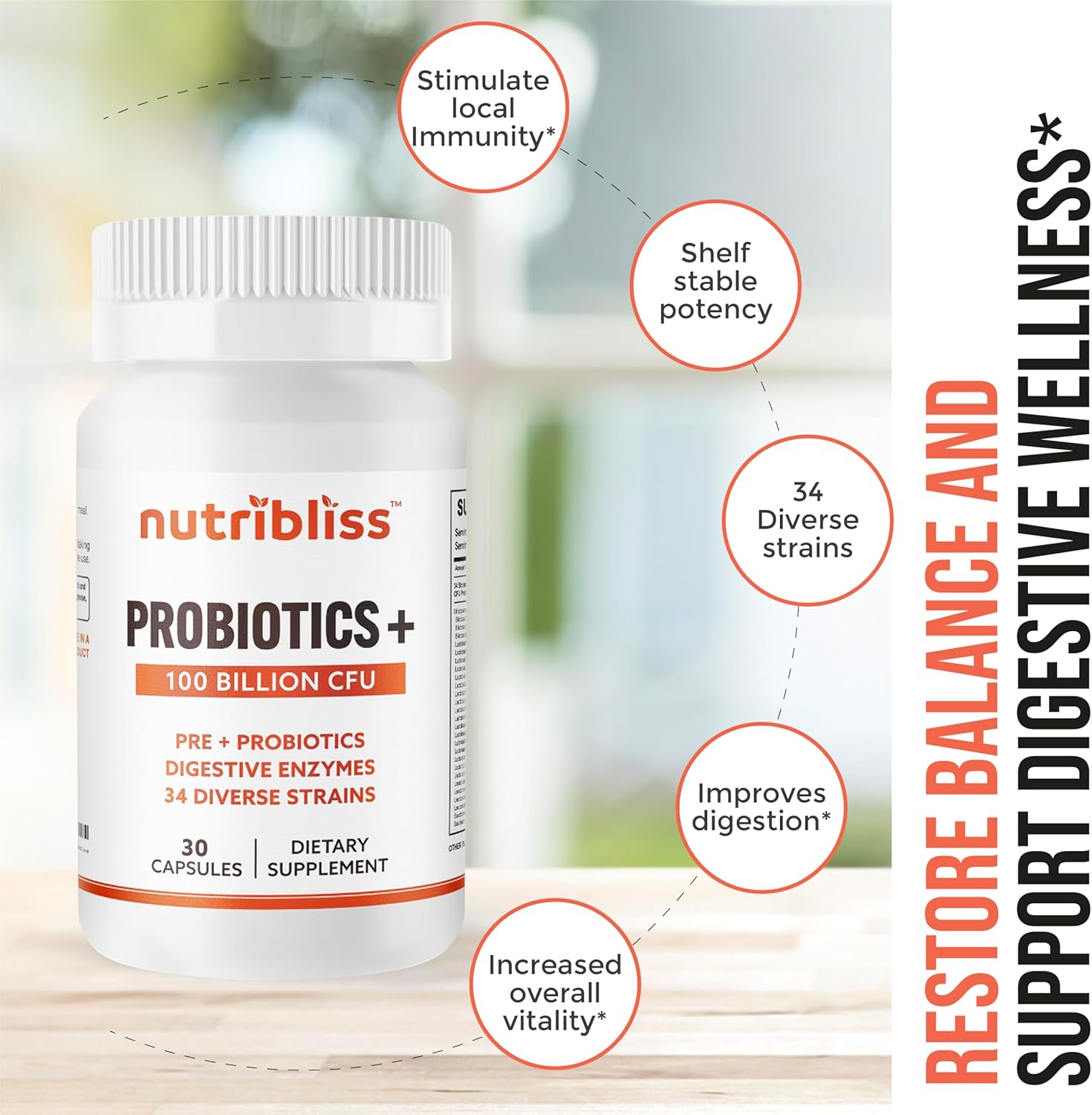 Probiotic Digestive Enzymes with Prebiotics for Women and Men - 100 Billion CFU, 34 Strains - Supports Digestive Health - 60 Capsules