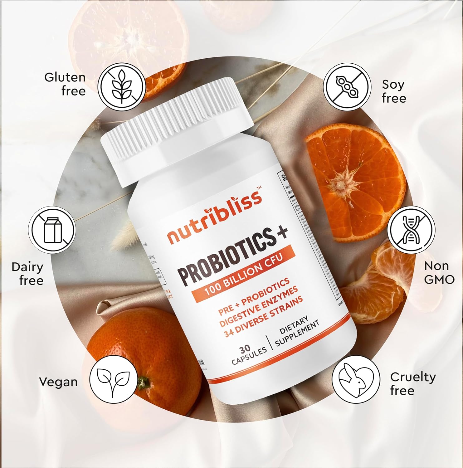 Probiotic Digestive Enzymes with Prebiotics for Women and Men - 100 Billion CFU, 34 Strains - Supports Digestive Health - 60 Capsules