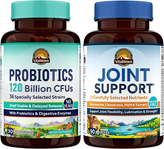 Probiotic + Glucosamine Chondroitin MSM Bundle | 120 Billion CFUs & Joint Support | 30 Probiotic Capsules & 90 Joint Capsules