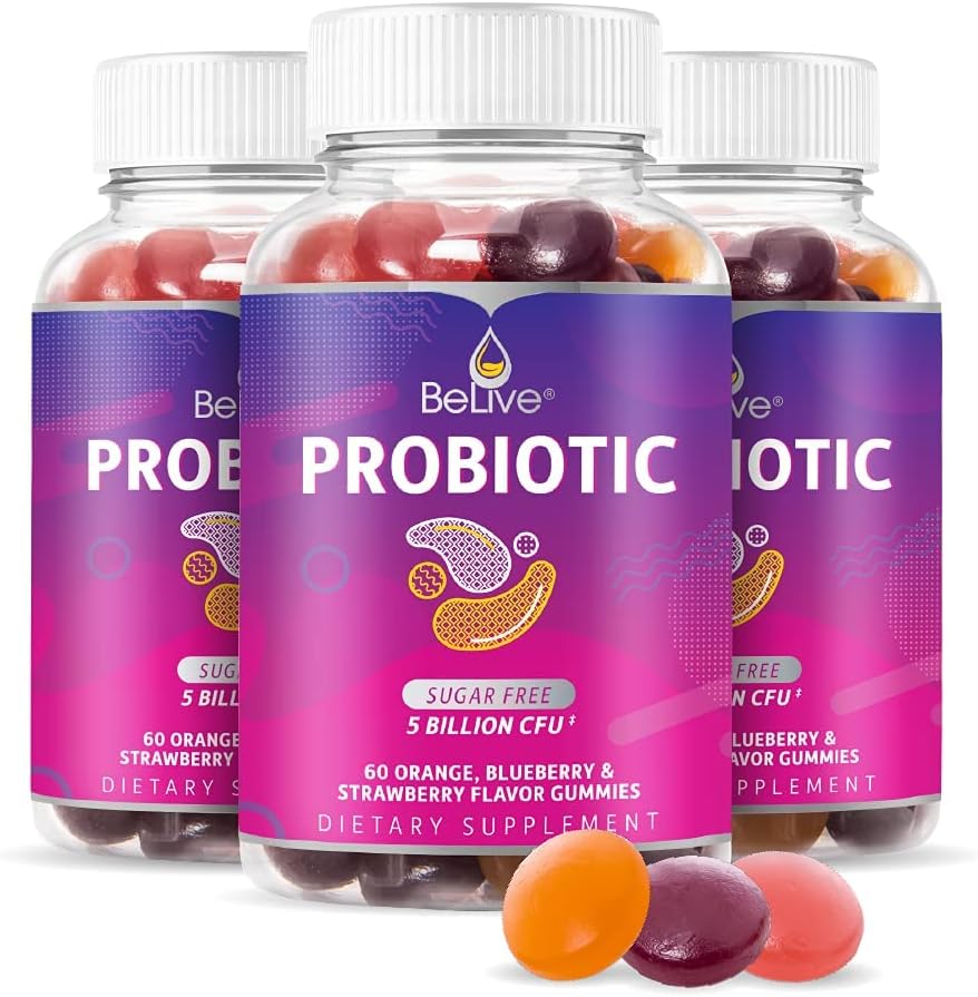 Probiotic Gummies with 5 Billion CFUs for Digestive Health - Immune Support Supplement for Men, Women, & Kids - Sugar Free & Vegan - Blueberry, Strawberry, & Orange Flavors - 3-Pack