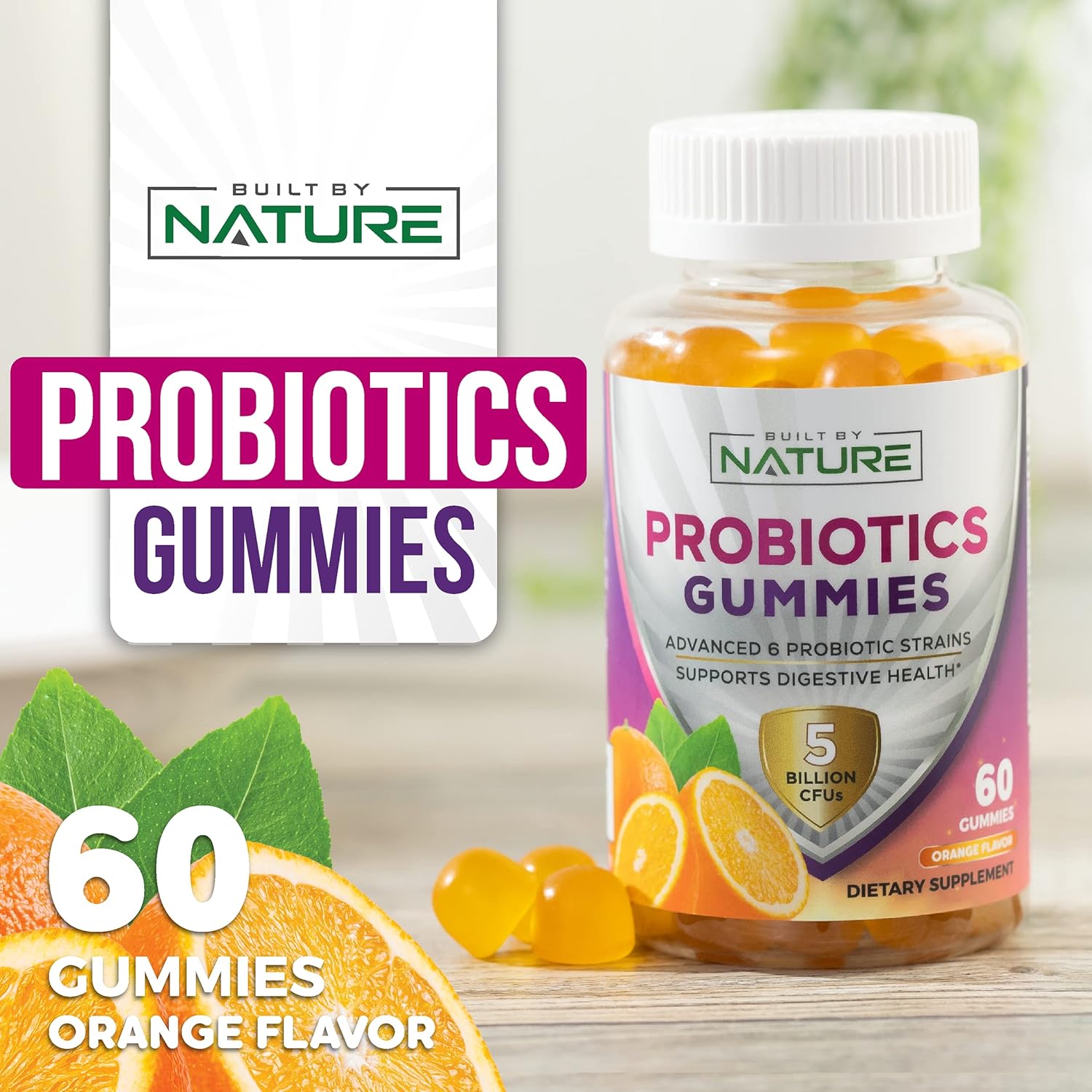 Probiotic Gummies with 5 Billion CFUs for Digestive Health - Reduces Bloating & Discomfort - Natural Orange Flavor - 60 Gummies for Women & Kids