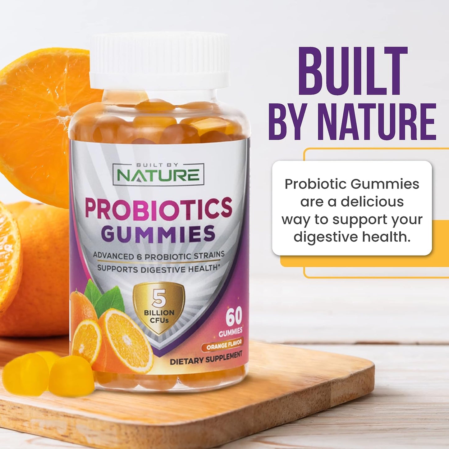 Probiotic Gummies with 5 Billion CFUs for Digestive Health - Reduces Bloating & Discomfort - Natural Orange Flavor - 60 Gummies for Women & Kids