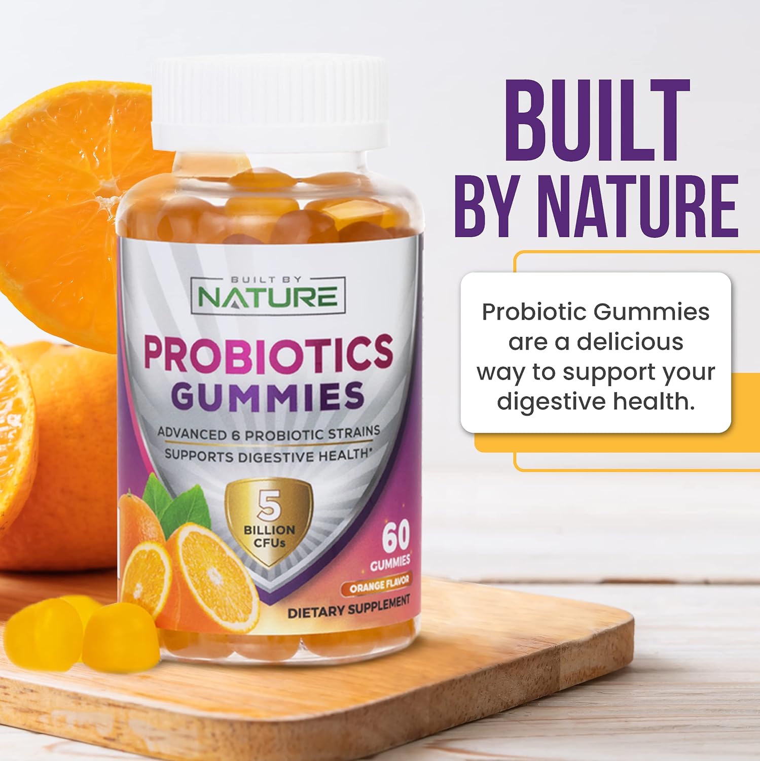Probiotic Gummies with 5 Billion CFUs for Digestive Health - Reduces Bloating & Discomfort - Natural Orange Flavor - 60 Gummies for Women & Kids