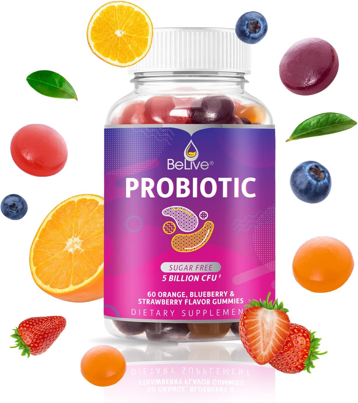 Probiotic Gummies with 5 Billion CFUs for Digestive Health - Immune Support Supplement for Men, Women, & Kids - Sugar Free & Vegan - Blueberry, Strawberry, & Orange Flavors - 3-Pack