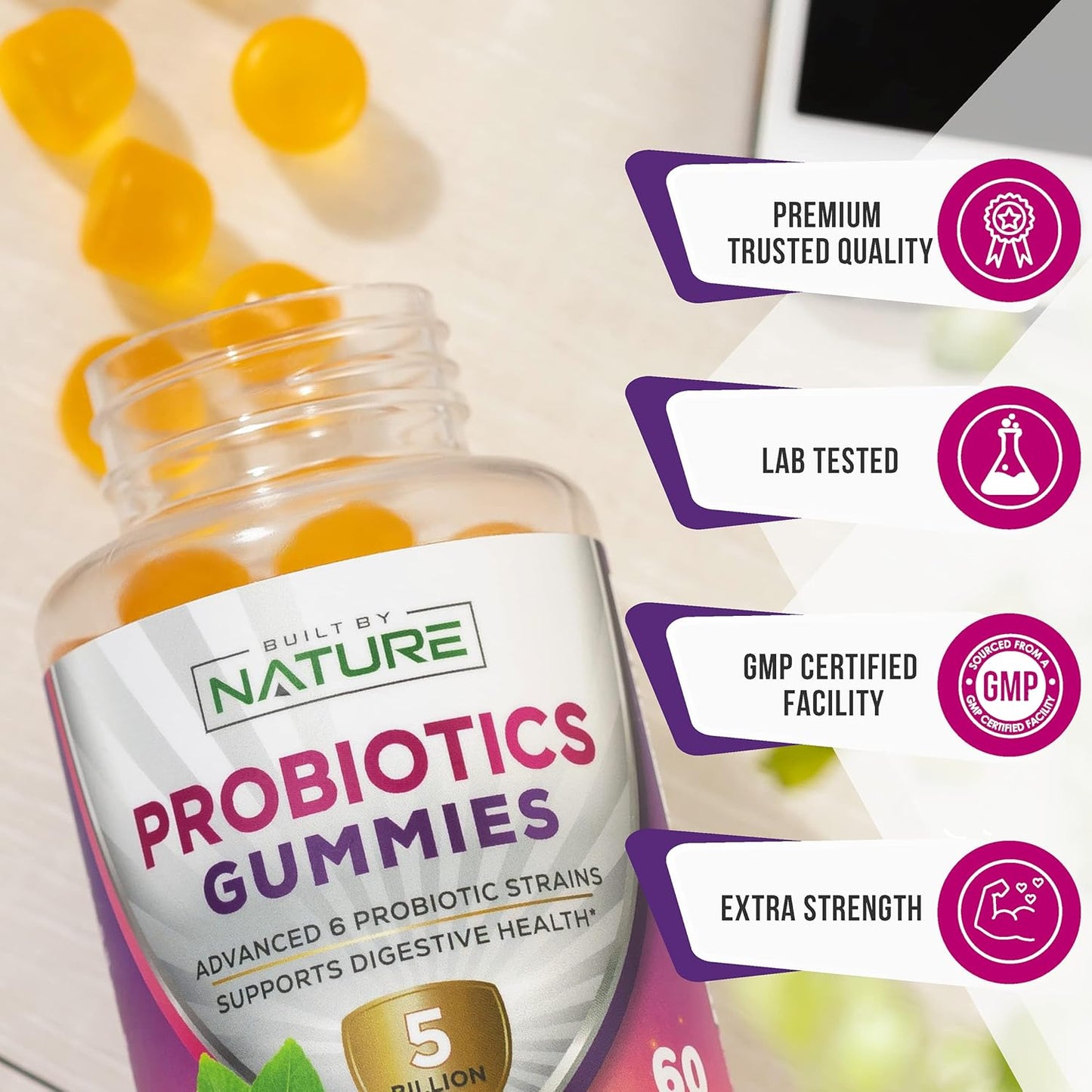 Probiotic Gummies with 5 Billion CFUs for Digestive Health - Reduces Bloating & Discomfort - Natural Orange Flavor - 60 Gummies for Women & Kids
