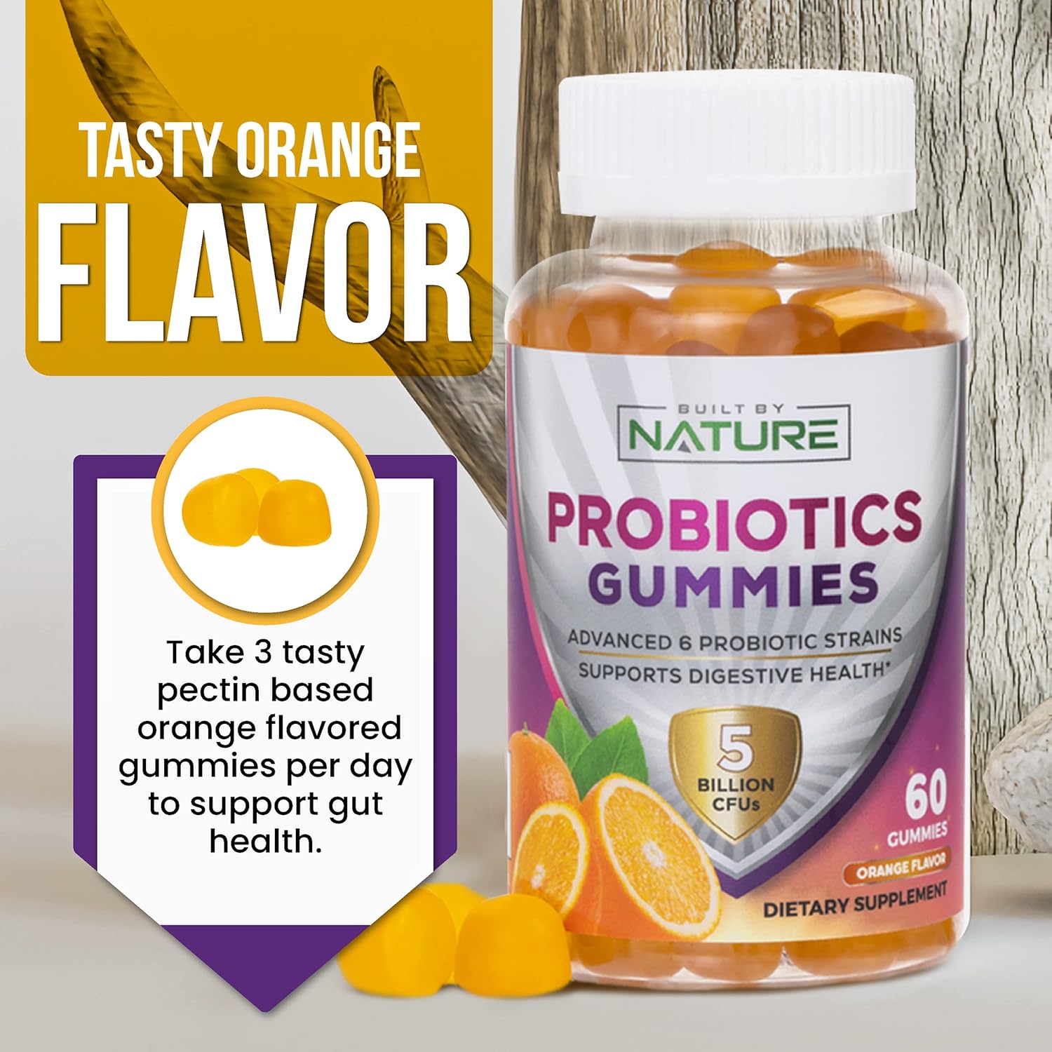 Probiotic Gummies with 5 Billion CFUs for Digestive Health - Reduces Bloating & Discomfort - Natural Orange Flavor - 60 Gummies for Women & Kids