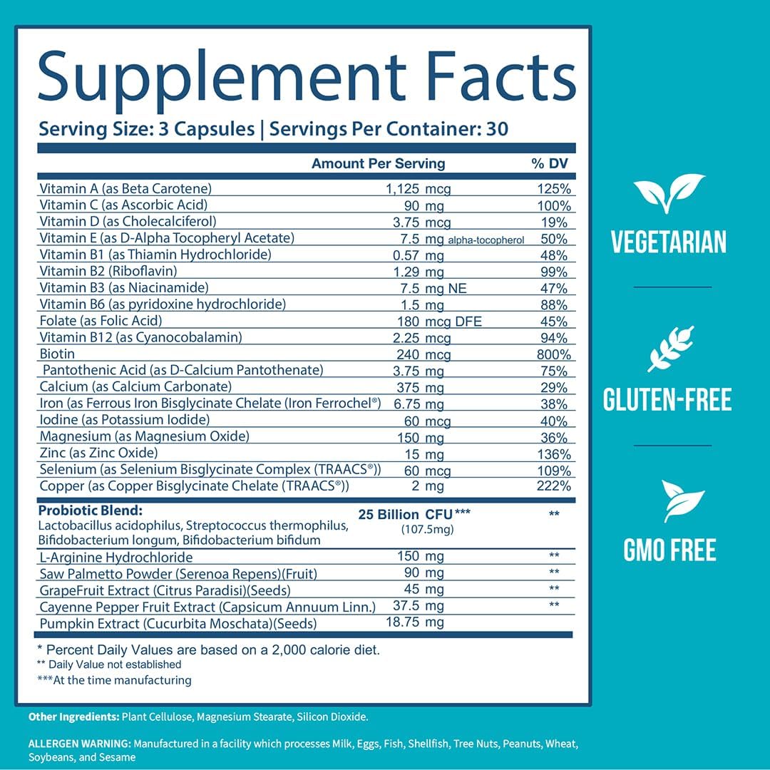 Probiotic Multivitamin Supplement with 25 Billion CFU for Immunity and Digestive Health - Gluten Free Probiotics for Women and Men - 90 Capsules