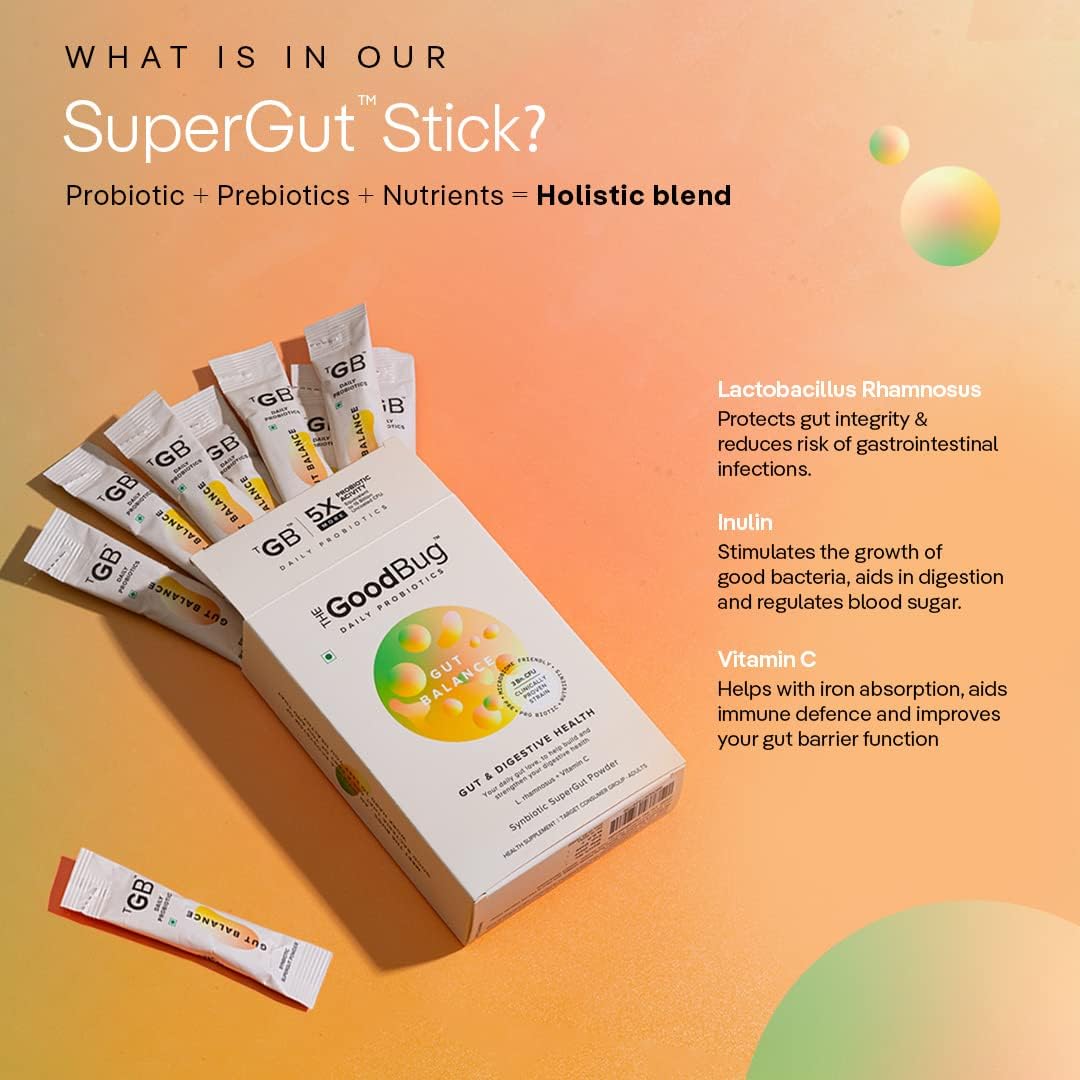 Probiotic Stick for Gut Health & Immunity Support - Men & Women, Digestive Balance Supplement with Probiotics, Inulin, Vitamin C - 3Bn CFU, 60 Day Supply