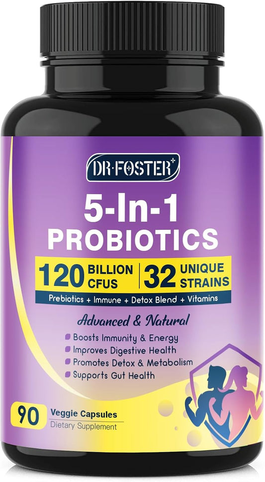 Probiotic Supplement for Digestive Health, 120 Billion CFUs, Prebiotics, D3, Zinc, Immune Support, Detox Cleanse - 45 Day to 3 Month Supply