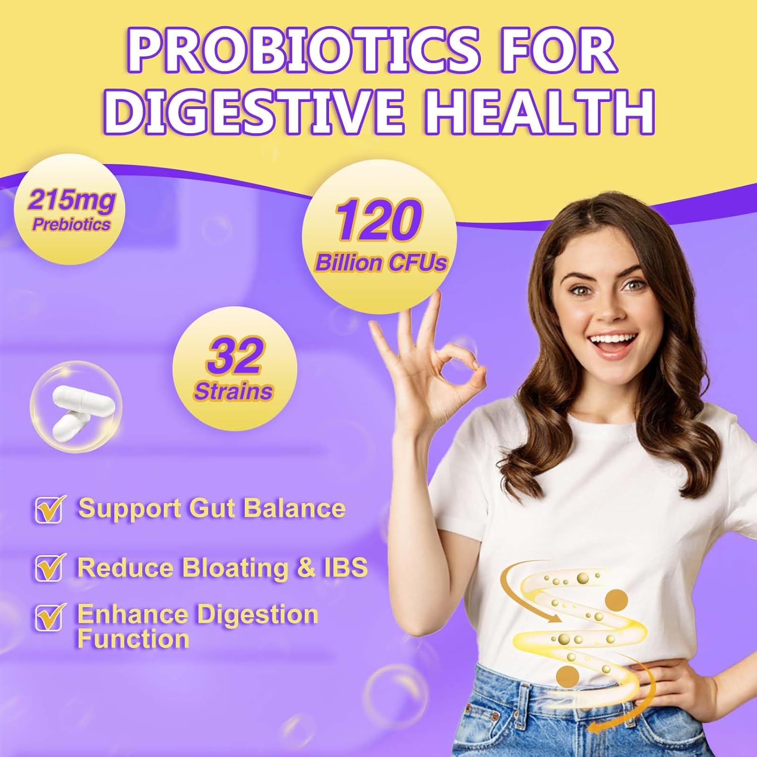 Probiotic Supplement for Digestive Health, 120 Billion CFUs, Prebiotics, D3, Zinc, Immune Support, Detox Cleanse - 45 Day to 3 Month Supply