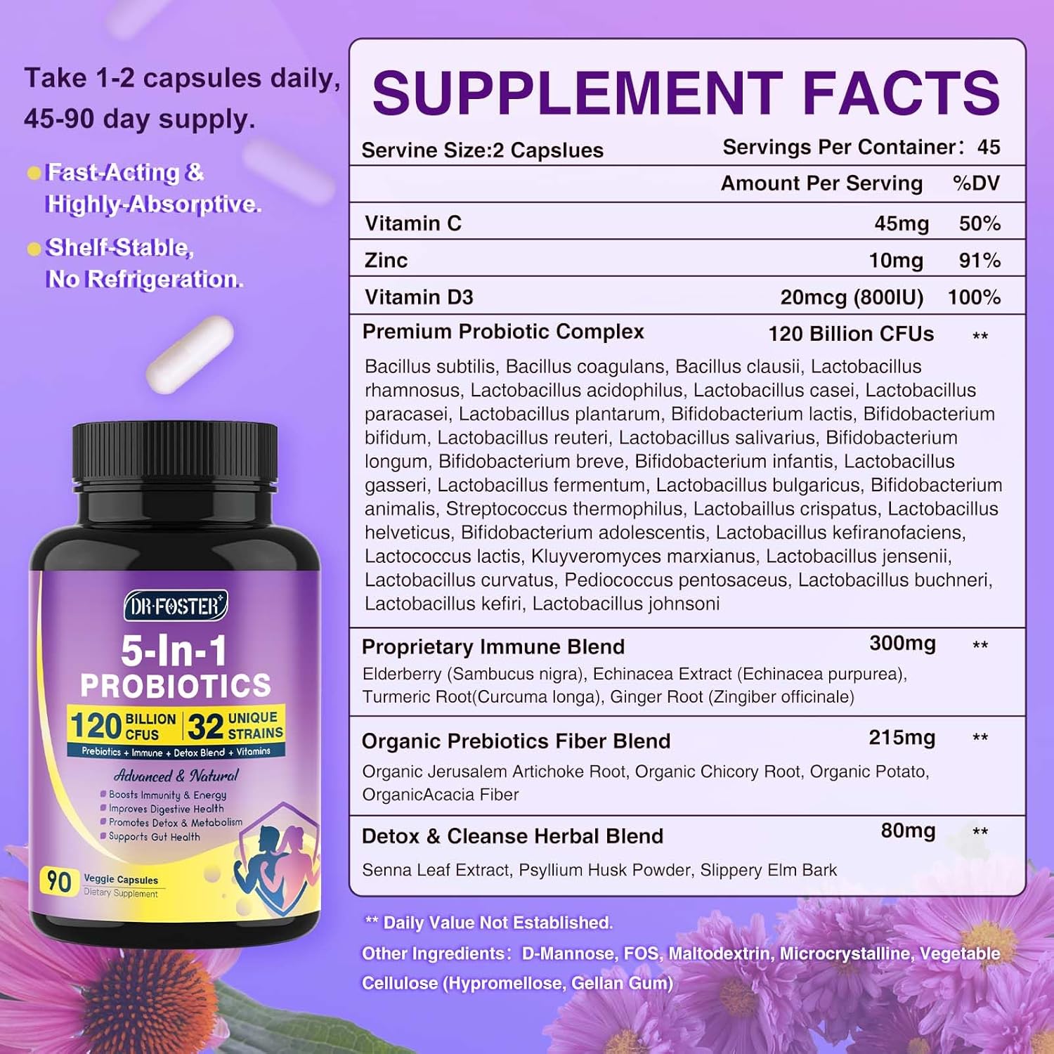 Probiotic Supplement for Digestive Health, 120 Billion CFUs, Prebiotics, D3, Zinc, Immune Support, Detox Cleanse - 45 Day to 3 Month Supply