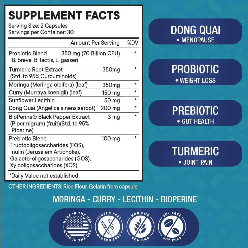 Probiotic Supplement for Menopause Relief & Digestive Health - 70 Billion CFU - Joint Support & Gut Health - 180 Capsules (Pack of 3)