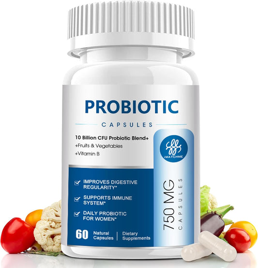 Probiotic Supplement with 10 Billion CFU, 10 Strains, Prebiotic, Vitamin B, Digestive Enzymes, 60 Capsules for Digestive and Immune Health