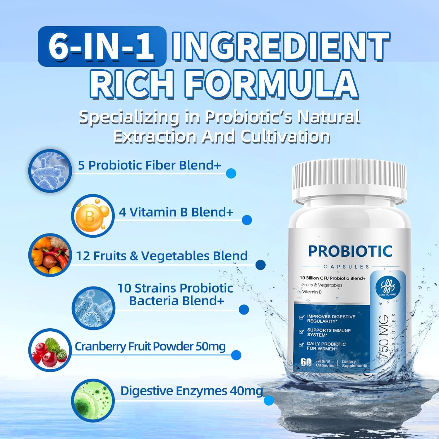 Probiotic Supplement with 10 Billion CFU, 10 Strains, Prebiotic, Vitamin B, Digestive Enzymes, 60 Capsules for Digestive and Immune Health