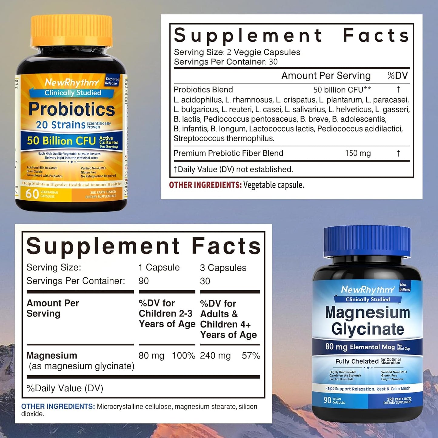 Probiotics 50 Billion CFU & Magnesium Glycinate Capsules for Digestive Health and Relaxation - Pack of 120 (2 Pack)