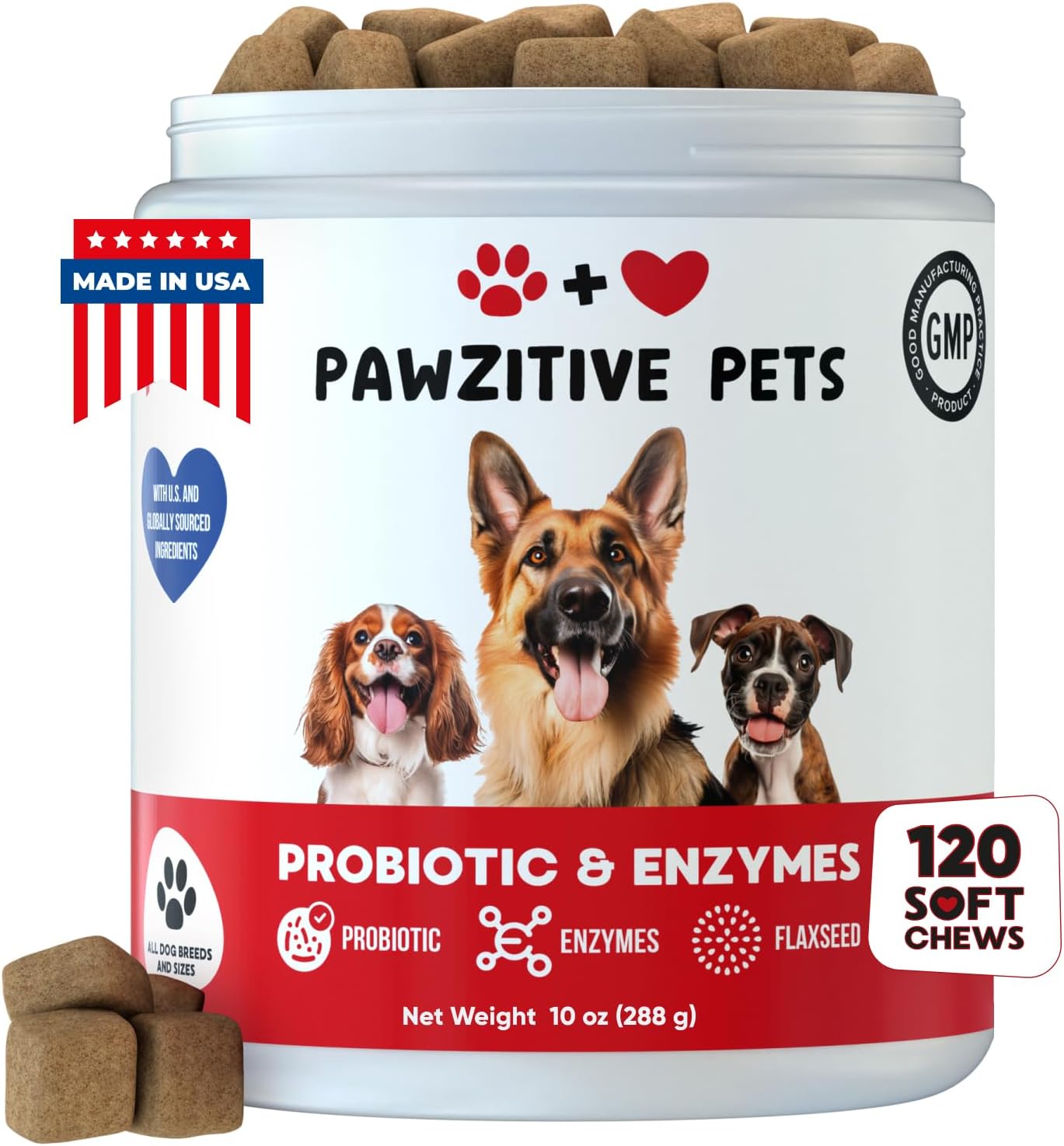 Probiotics and Enzymes Chewables for Dogs - Supports Immune System & Gut Health - Soft Treats for All Breeds - Contains Flaxseed